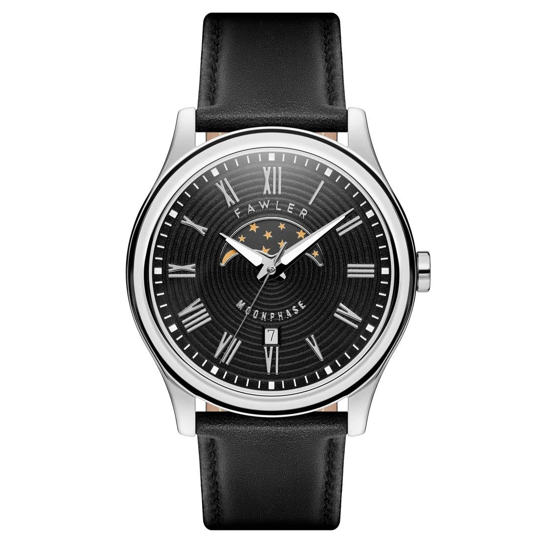 Fawler Imperator | Montre à Phases De Lune En Acier Inoxydable Noir Et Argenté 3 Fawler Imperator | Montre à Phases De Lune En Acier Inoxydable Noir Et Argenté