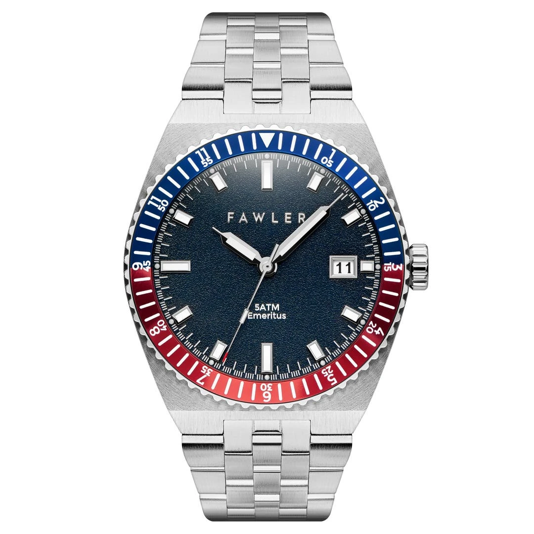 Fawler Emeritus | Montre En Acier Inoxydable à Lunette Bleue Et Rouge 3 Fawler Emeritus | Montre En Acier Inoxydable à Lunette Bleue Et Rouge