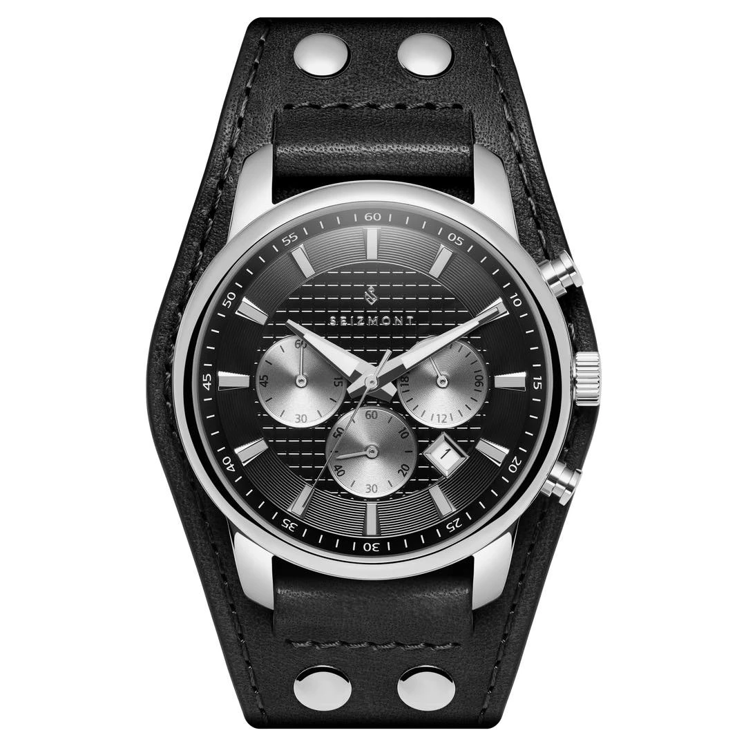 Seizmont Iphios | Montre Chronographe Noire En Acier Inoxydable Avec Bracelet Manchette En Cuir 3 Seizmont Iphios | Montre Chronographe Noire En Acier Inoxydable Avec Bracelet Manchette En Cuir