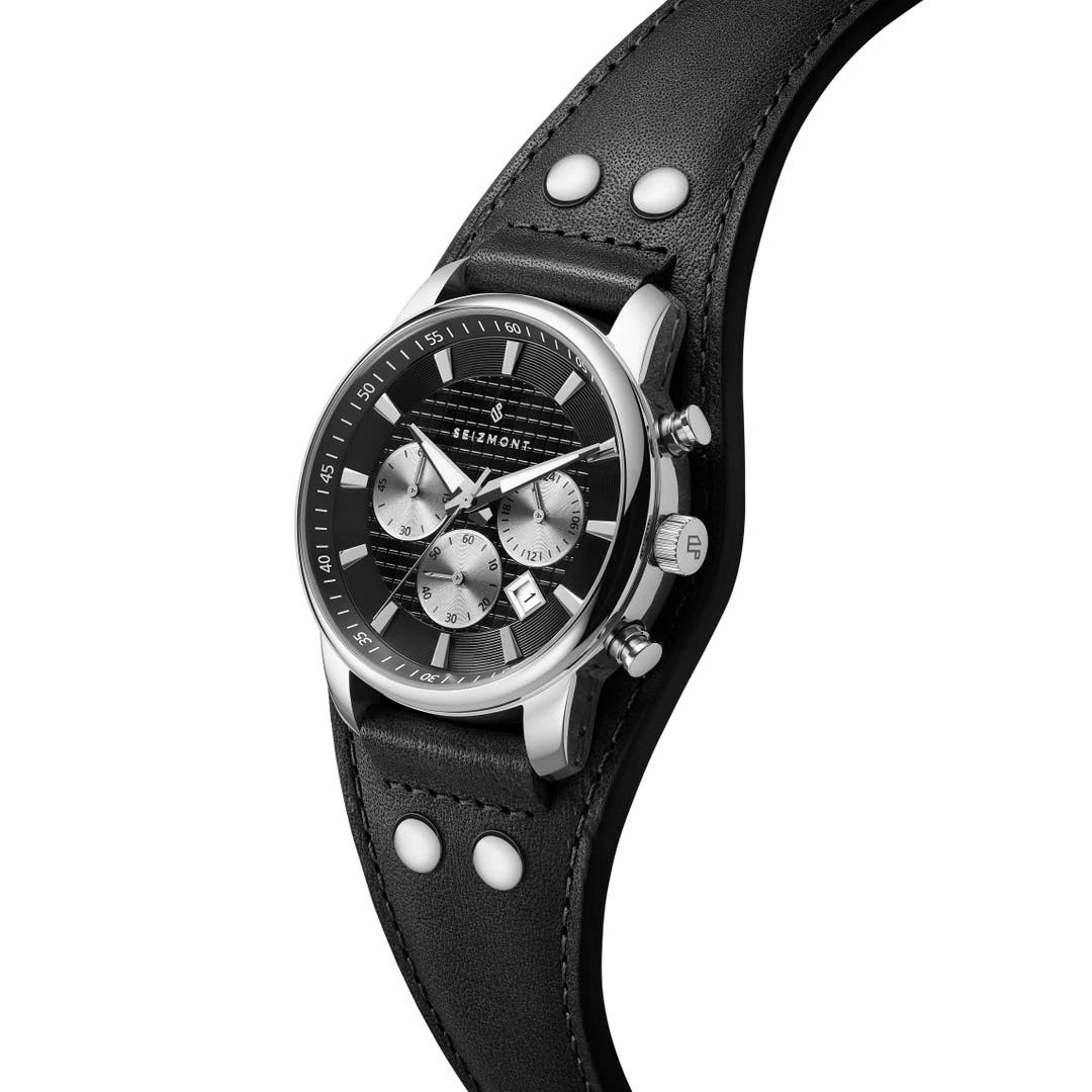 Seizmont Iphios | Montre Chronographe Noire En Acier Inoxydable Avec Bracelet Manchette En Cuir 5 Seizmont Iphios | Montre Chronographe Noire En Acier Inoxydable Avec Bracelet Manchette En Cuir – Image 3