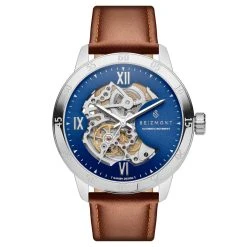 Seizmont Dante II | Montre Squelette En Acier Inoxydable Argenté Et Bleu Avec Bracelet En Cuir