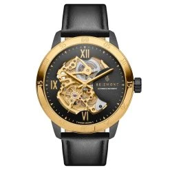 Seizmont Dante II | Montre Squelette En Acier Inoxydable Doré Avec Bracelet En Cuir Noir