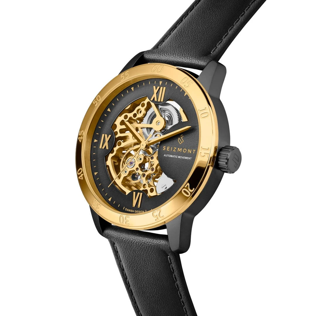 Seizmont Dante II | Montre Squelette En Acier Inoxydable Doré Avec Bracelet En Cuir Noir 4 Seizmont Dante II | Montre Squelette En Acier Inoxydable Doré Avec Bracelet En Cuir Noir – Image 2